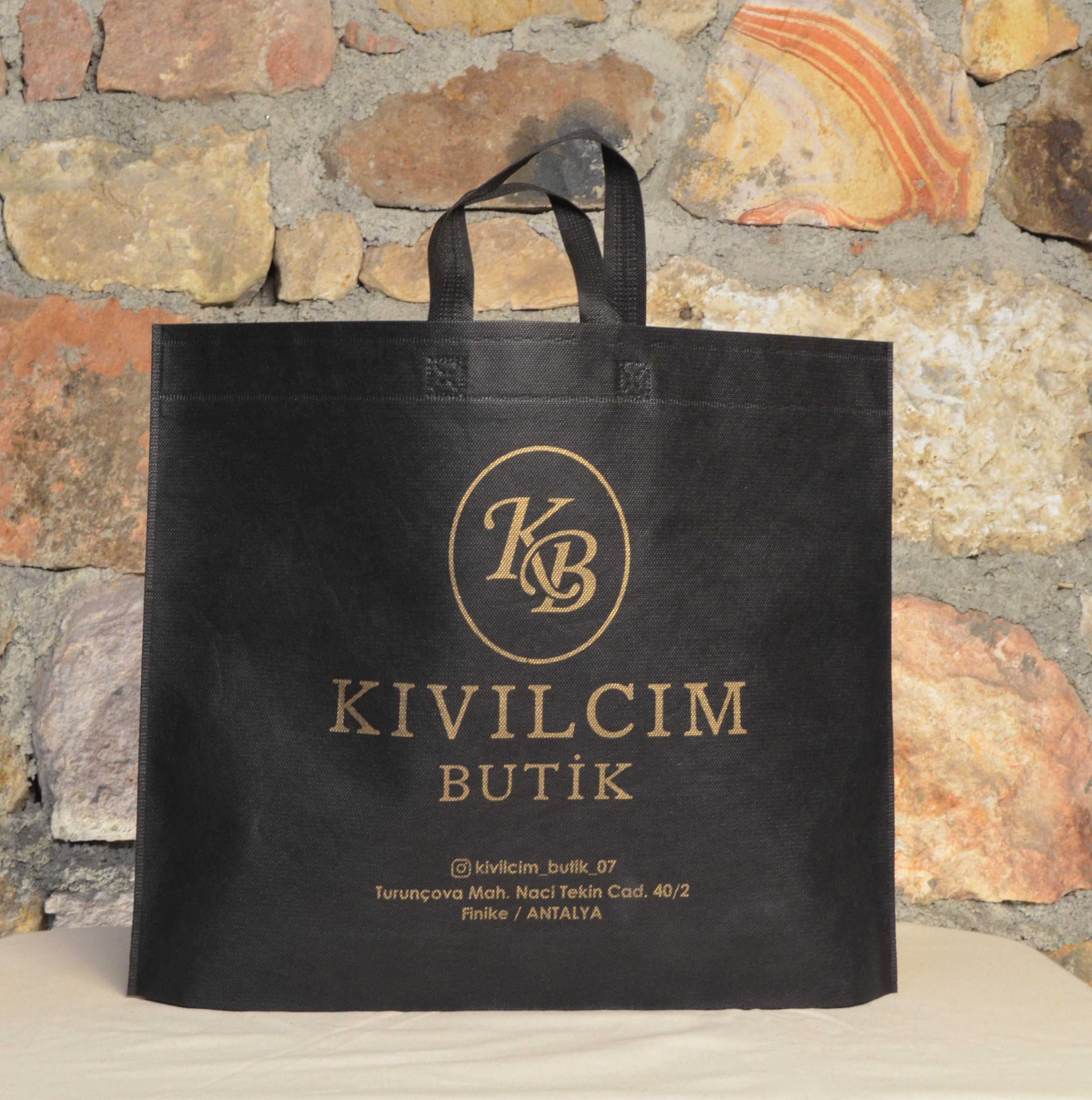 50*40*10 Alt Körüklü Baskılı Tela Bez Çanta (Siyah)